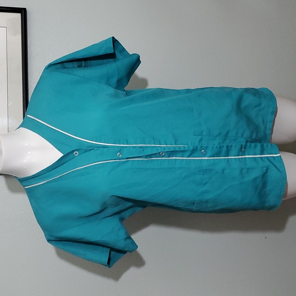 ANGELICA Aqua Green Scrub Snap Jacket w/White Trim-DOVA-NonFlameable-EUC-Sz L